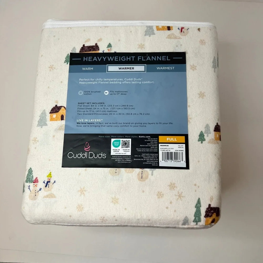 Cuddl Duds Brushed Cotton Full Sheet‎ Set Scenic Snowmen NIP Heavyweight Flannel